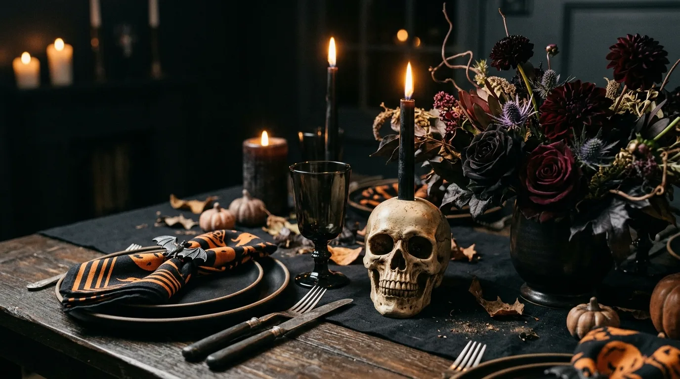 Use candlelight to create the Halloween glow inspiration for a Halloween dining table.